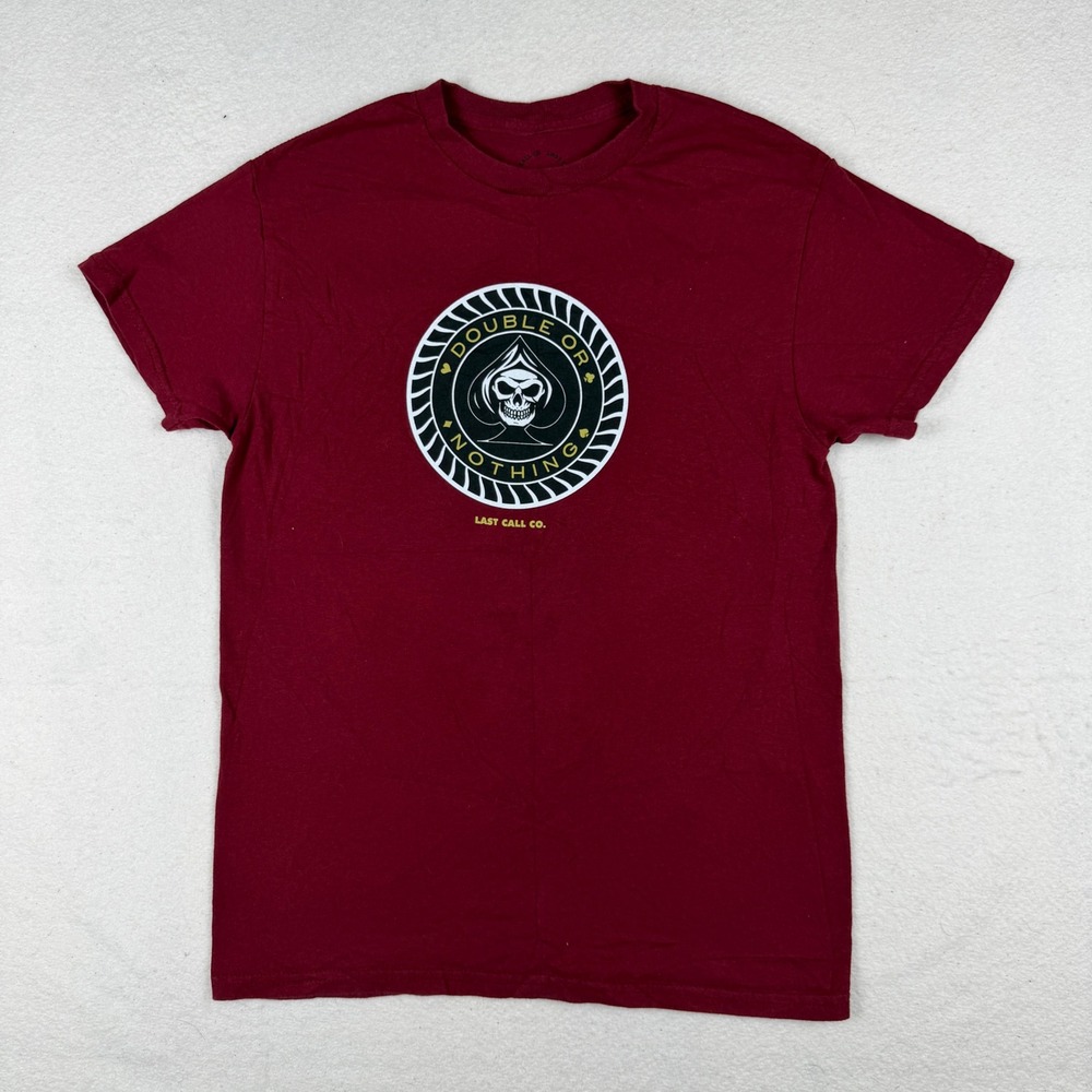 Last Call Co Mens Small Double Or Nothing Skull Spade Graphic T-Shirt Maroon